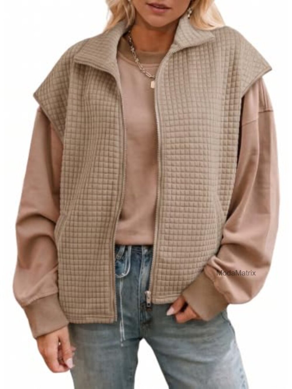 Womens Cap Sleeve Waffle Knit Vest with Zip Up Pockets Fall